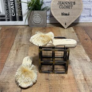 Birdies The Songbird Mule Linen Fabric Cream 6 Pom Fringe Feather Cushion Glam